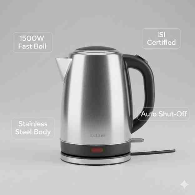 Stainless Steel Electric Water Kettle 1.5L | 1500W Fast Boil | ISI Certified | Auto Shut-Off & Boil-Dry Protection | Durable Stainless Steel Body | Ideal for Home, Office & Hostel