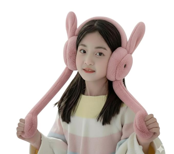 Earmuffs For Kids l Earms with Moving Rabbit Ears | Soft Woolen Plush Ear Warmer for Girls & Women | Windproof, Comfortable & Cute Winter Accessory |