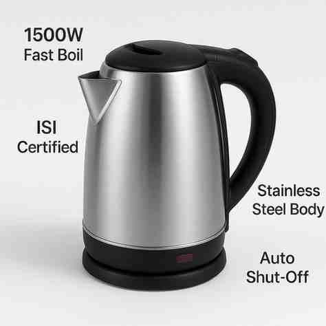 Stainless Steel Electric Water Kettle 1.5L | 1500W Fast Boil | ISI Certified | Auto Shut-Off & Boil-Dry Protection | Durable Stainless Steel Body | Ideal for Home, Office & Hostel